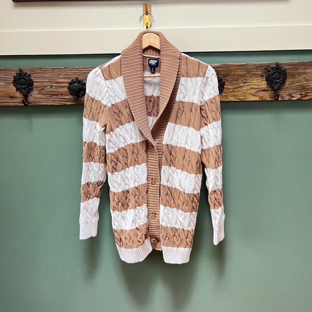 Lands End Drifter Womens Tan White Striped Cable Knit Shawl Cardigan Sweater S